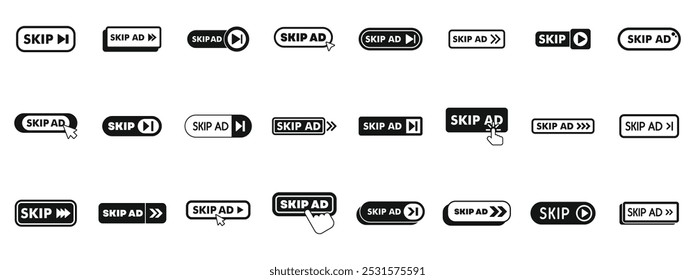 Omitir conjunto de iconos de anuncios. Diferentes Botones de omisión de anuncios que permiten a los usuarios omitir el contenido promocional