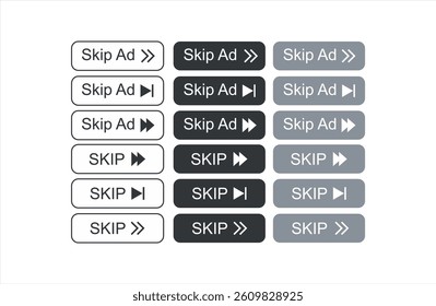 Skip ad just skip with icon button icon. Skip advertisement icon, vector illustration, on video and etc applecation, set of skip ad button isolated on white 
