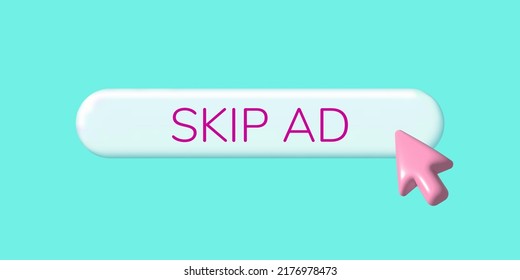 Skip ads icon. Button skip ads with cursor for website. Apply to stop, continue prohibited. Concept of cancellation or removal of advertising. Do not show ads, skip. Realistic 3d vector design