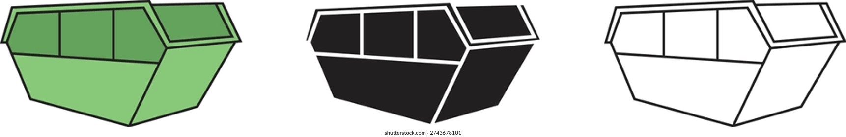 Skip bin vector Icon Illustration green, black and outline large skip bin open top waste container Icon design