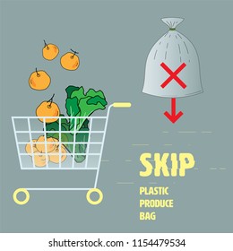 Skip plastic produce bag concept. Outline flat icon of shopping items with typographic design as a gimmick. Vector illustration.
