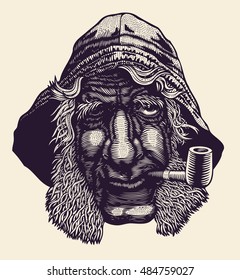 Skipper With A Smoking Pipe, Sea-Dog. Engraving Style. Vector Illustration