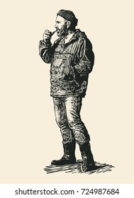 Skipper With A Smoking Pipe, Sea-Dog. Hand Drawn Character. Engraving Style. Vector Illustration