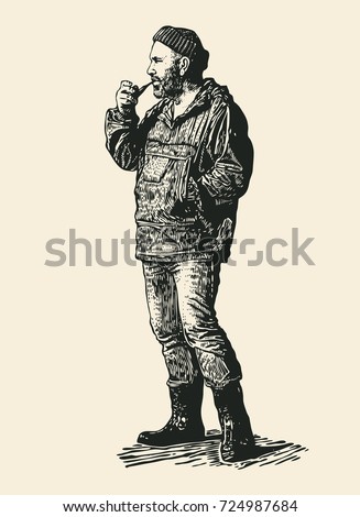 Skipper With A Smoking Pipe, Sea-Dog. Hand Drawn Character. Engraving Style. Vector Illustration