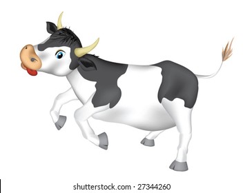 Skipping cow on a white background