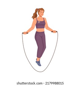 Skipping female personage using jumping rope for exercises. Warming up and working out, fitness and training for healthy lifestyle. Flat cartoon character, vector illustration