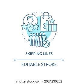 Skipping lines blue concept icon. Perks and benefits of loyalty program abstract idea thin line illustration. Skipping checkout line in store. Vector isolated outline color drawing. Editable stroke