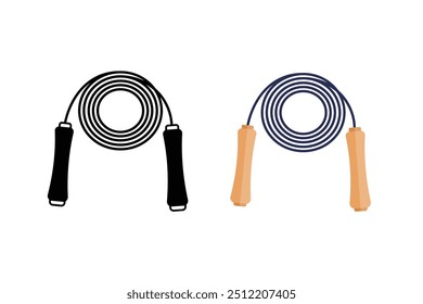 Skipping Rope Clean And Creative Clip Art Vector Collection Set, Isolated Vector Image Of skipping. Illustration Of Jumping Gear With Plastic Handles For Gym. Skipping Rope Icon On Black Color