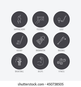 Skipping rope, football and golf icons. Hockey, baseball and badminton linear signs. Basketball, biceps and fitness sport icons. Linear icons in circle buttons. Flat web symbols. Vector