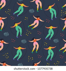 Omitiendo la cuerda saltando de color plano patrón sin fisuras. Personas con caricaturas deportivas. Atletismo, ejercicio físico. Antecedentes dibujados a mano. Papel tapiz, Papel encolado, diseño textil