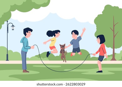 Skipping rope jumping in park. Children outdoor activity, play with jump ropes. Girls boys and dog having fun in garden, team game, recent vector scene