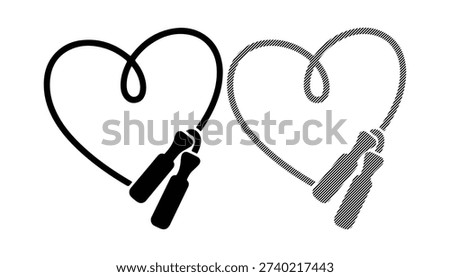 Skipping rope shaped like heart, one solid black, one with diagonal stripes, isolated on white.