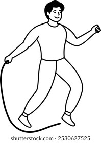 Skipping rope vector in outline. Single continuous line drawing train jumping with skipping rope in sport gymnasium club center. Fitness stretching concept.