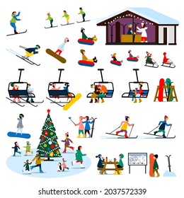 Ski-resort. Winter people family set. Vector flat illustration