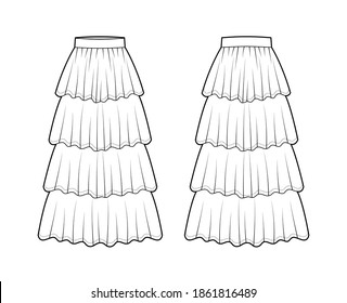 Skirt 4 layered flounce maxi technical fashion illustration with floor ankle lengths silhouette, circular fullness. Flat bottom template front, back white color style. Women men unisex CAD mockup