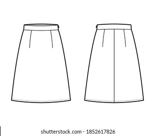 Skirt A-line fullness technical fashion illustration with knee length silhouette, thick waistband, side zipper. Flat bottom template front, back, white color style. Women, men, unisex CAD mockup