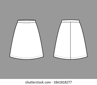 Skirt A-line fullness technical fashion illustration with above-the-knee silhouette, thin waistband. Flat bottom template front, back, white color style. Women, men, unisex CAD mockup