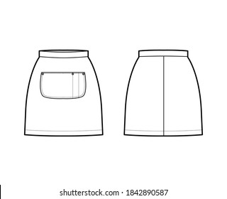 Skirt apron technical fashion illustration with mini silhouette, pencil fullness, big center pocket. Flat bottom template front, back, white color style. Women, men, unisex CAD mockup