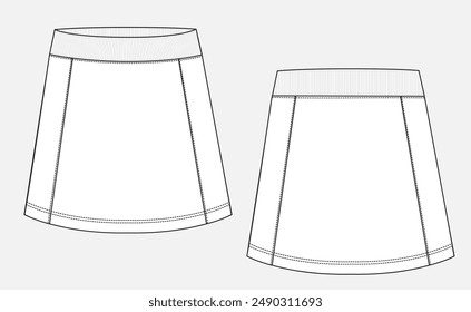 Falda para niñas. Dibujo técnico de la Ilustración vectorial de dibujo plano de Plantilla vistas frontal y posterior