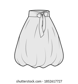 Skirt balloon technical fashion illustration with bow, below-the-knee length silhouette, wide stretch waistband. Flat bottom template front, grey color style. Women men unisex CAD mockup