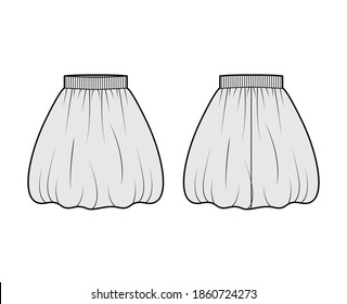 Skirt balloon technical fashion illustration with knee silhouette, semi-circular fullness, thick stretch waistband. Flat bottom template front, back, grey color style. Women, men, unisex CAD mockup