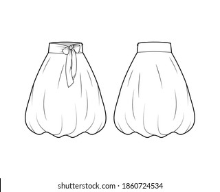 Skirt balloon technical fashion illustration with bow, below-the-knee length silhouette, wide stretch waistband. Flat bottom template front, back white color style. Women men unisex CAD mockup