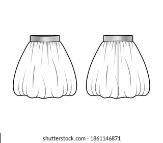 Skirt balloon technical fashion illustration with knee silhouette, semi-circular fullness, thick stretch waistband. Flat bottom template front, back, white color style. Women, men, unisex CAD mockup