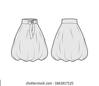 Skirt balloon technical fashion illustration with bow, below-the-knee length silhouette, wide stretch waistband. Flat bottom template front, back grey color style. Women men unisex CAD mockup