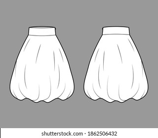 Skirt balloon technical fashion illustration with below-the-knee length silhouette, wide stretch waistband. Flat bottom template front, back white color style. Women men unisex CAD mockup
