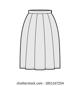 Skirt box pleat technical fashion illustration with below-the-knee silhouette, thin waistband, side zipper. Flat bottom template front, grey color style. Women, men, unisex CAD mockup