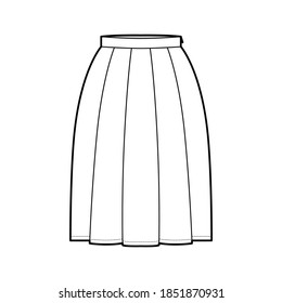 Skirt box pleat technical fashion illustration with below-the-knee silhouette, thin waistband, side zipper. Flat bottom template front, white color style. Women, men, unisex CAD mockup