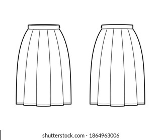 Skirt box pleat technical fashion illustration with below-the-knee silhouette, thin waistband, side zipper. Flat bottom template front, back, white color style. Women, men, unisex CAD mockup