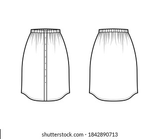 Skirt button down dirndl technical fashion illustration with straight knee silhouette, pencil fullness. Flat bottom template front, back, white color style. Women, men, unisex CAD mockup