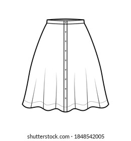 Skirt button down technical fashion illustration with semi-circular knee silhouette fullness. Flat bottom template front, white color style. Women, men, unisex CAD mockup