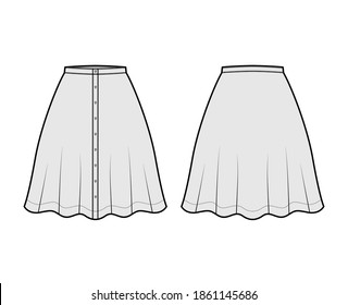 Skirt button down technical fashion illustration with semi-circular knee silhouette fullness. Flat bottom template front, back, grey color style. Women, men, unisex CAD mockup