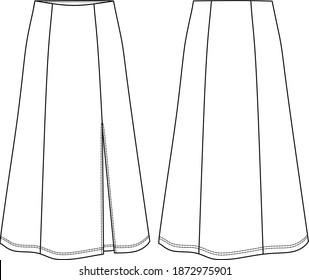 skirt CAD, mini skirt technical drawing, midi skirt sketch for woman, fashion button model for woman, vector sketch for woman