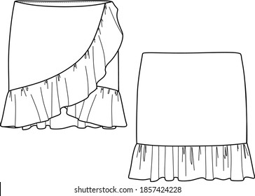 Skirt CAD/flat, Women Trendy Skirt Technical Drawing, Skirt With Ruffles, Midi Skirt With Split Vector Sketch