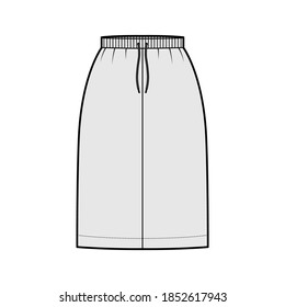 Skirt cargo technical fashion illustration with knee length silhouette, stretch drawstring waistband. Flat bottom template front, grey color style. Women, men, unisex CAD mockup