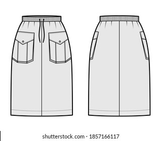 Skirt cargo technical fashion illustration with knee length, pockets with flap, stretch drawstring waistband. Flat bottom template front, back, grey color style. Women, men, unisex CAD mockup
