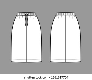 Skirt cargo technical fashion illustration with knee length silhouette, stretch drawstring waistband. Flat bottom template front, back, white color style. Women, men, unisex CAD mockup