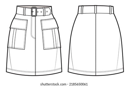 Skirt cargo technical fashion illustration, big pockets on sides