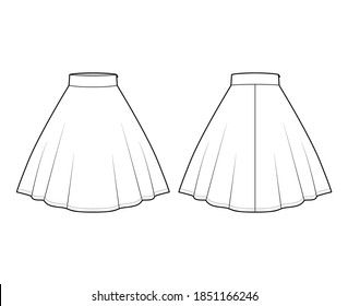 Skirt circular fullness technical fashion illustration with below-the-knee lengths silhouette, thick waistband. Flat bottom template front, back, white color style. Women men unisex CAD mockup