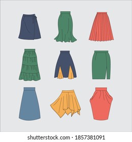 skirt collection fashion set color flat line style vector