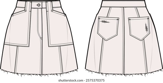 Women’s skirt, Denim, Front and Back View Vector Fashion Illustration , CAD, Technical Drawing, Flat Drawing, Mockup, Template.
