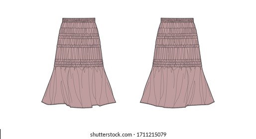 Skirt design with elastic band and ruching, flat sketch, front and back views