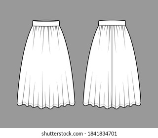 Skirt dirndl technical fashion illustration with below-the-knee lengths, semi-circular fullness, thick waistband . Flat bottom apparel template front, back, white color style. Women, unisex CAD mockup