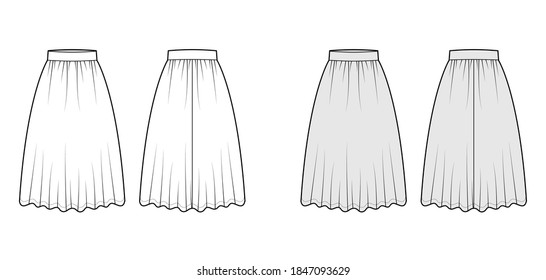 Skirt dirndl technical fashion illustration with below-the-knee lengths, semi-circular fullness, thick waistband . Flat bottom template front, back, white grey color style. Women men unisex CAD mockup