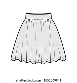 Skirt dirndl technical fashion illustration with above-the-knee lengths, circular fullness, thick waistband. Flat bottom template front, grey color style. Women men unisex CAD mockup