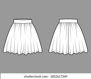 Skirt dirndl technical fashion illustration with above-the-knee lengths, circular fullness, thick waistband. Flat bottom template front, back, white color style. Women men unisex CAD mockup