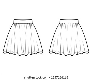Skirt dirndl technical fashion illustration with above-the-knee lengths, circular fullness, thick waistband. Flat bottom template front, back, white color style. Women men unisex CAD mockup